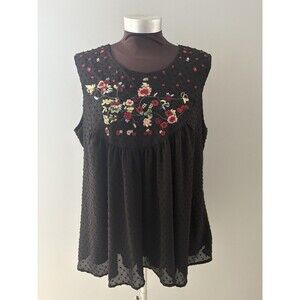 Tantrums Blouse Size Large Sleeveless Embroidered Floral Swiss Dot Boho Festival